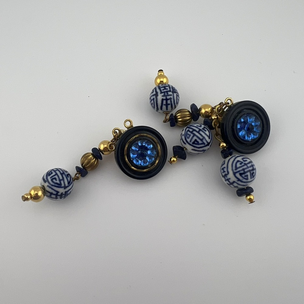 Broken Statement Earrings For Parts Blue Ceramic Beads Gold Tone Clip On Lot